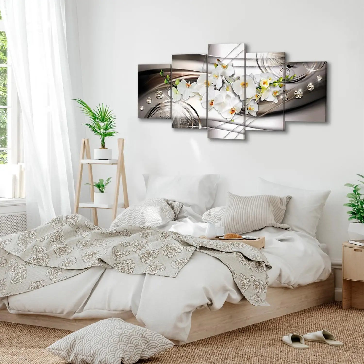 Glezna ar orhidejām un dimantiem uz abstrakta fona, pelēkā, 62434 ART XL