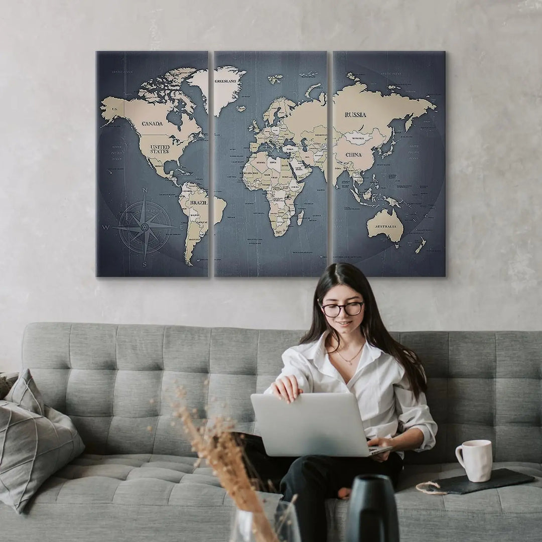 Glezna ar pasaules karti zila krāsā - Antracīta pasaule, 91918 (x3) ART XL