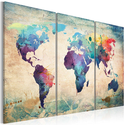 Kanva ar pasaules karti - Varavīksnes karte (triptihs) (x 3), 55396 G-ART.