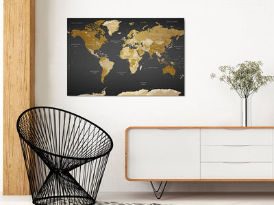 Kanva ar pasaules karti zeltā krāsā uz melna - Mūsdienu estētika, 94574 G-ART.