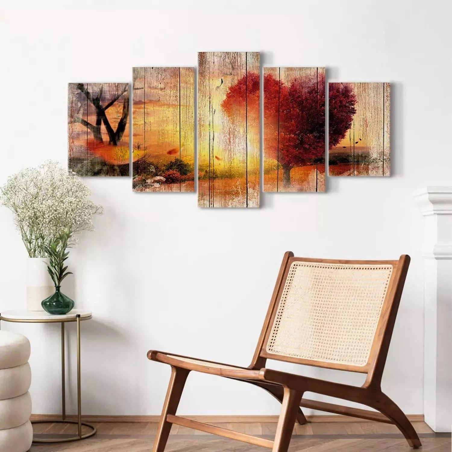 Kanva ar rudens dabu - Saulainā pļava un rozā lapas, oranža fons G-ART