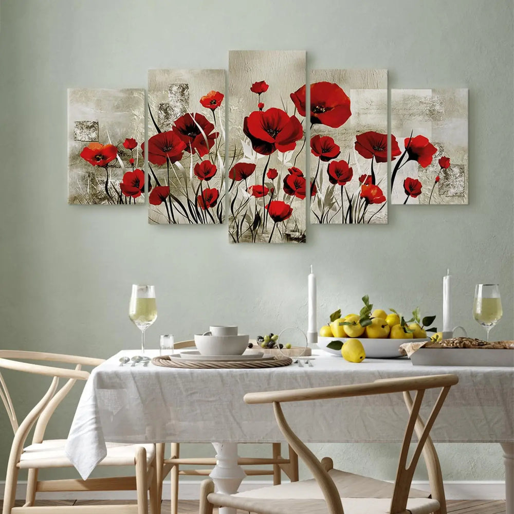 Glezna ar sarkanam magonēm uz silti pelēka fona - Rubīna lauks ART XL