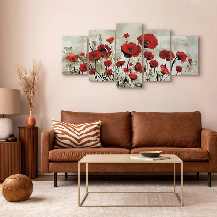 Glezna ar sarkanam magonēm uz silti pelēka fona - Rubīna lauks ART XL