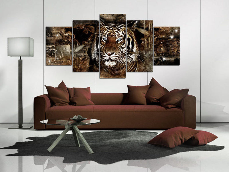 Paveikslai ant drobės su tigru tamsiai rudame abstrakčiame fone, (x5), 91652 G-ART.