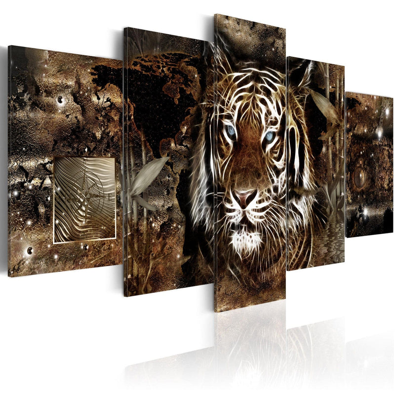 Paveikslai ant drobės su tigru tamsiai rudame abstrakčiame fone, (x5), 91652 G-ART.