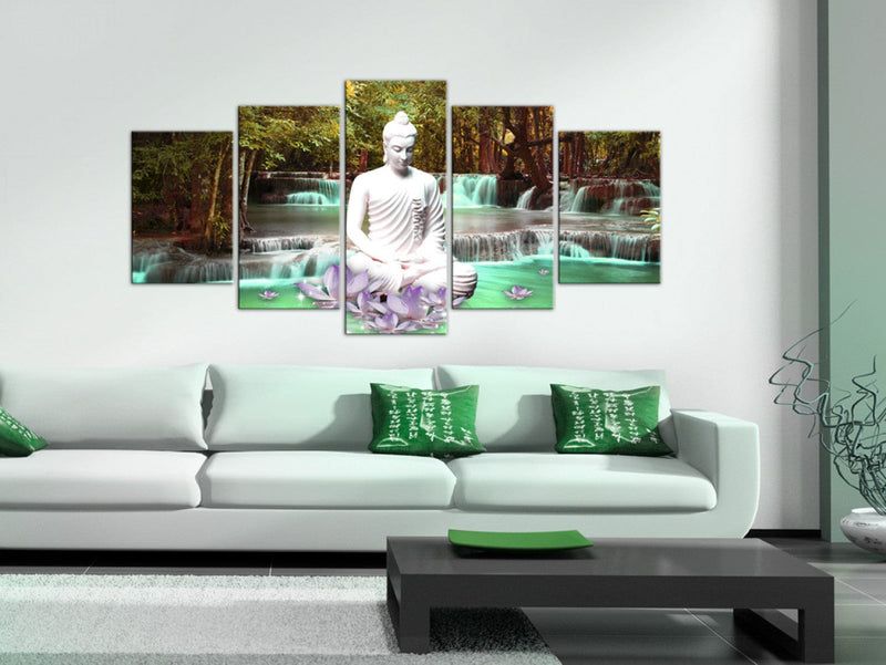 Canvas-taulut vesiputouksella ja Buddhalla, vihreä ja turkoosi - Nature Sanctuary (x5), 94271 G-ART.