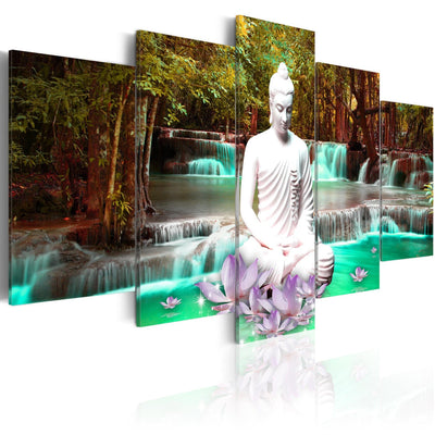 Paveikslai ant drobės su kriokliu ir Buda, žalios ir turkio spalvos - Nature Sanctuary (x5), 94271 G-ART.