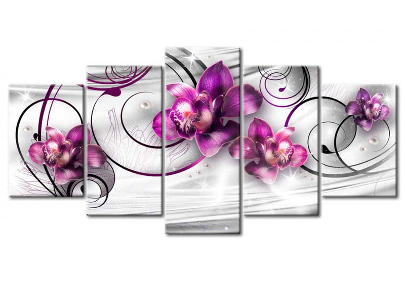 Paveikslai ant drobės su violetinėmis orchidėjomis abstrakčiame pilkame fone, (x5), 56203 G-ART.
