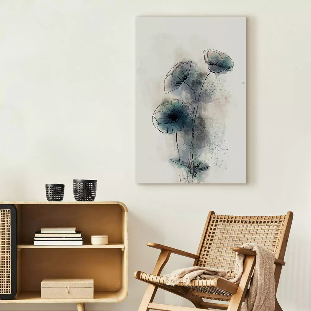 Kanva ar ziediem - abstraktas zilas magones, zilgāni pelēkā ART XL