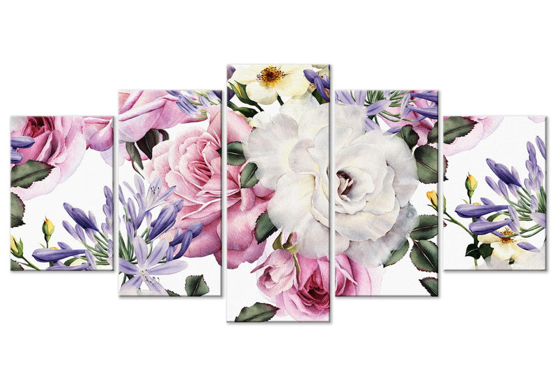 Paveikslai ant drobės su gėlėmis baltame fone - rožių kompozicija, (x 5), spalvotas, 118363 G-ART.