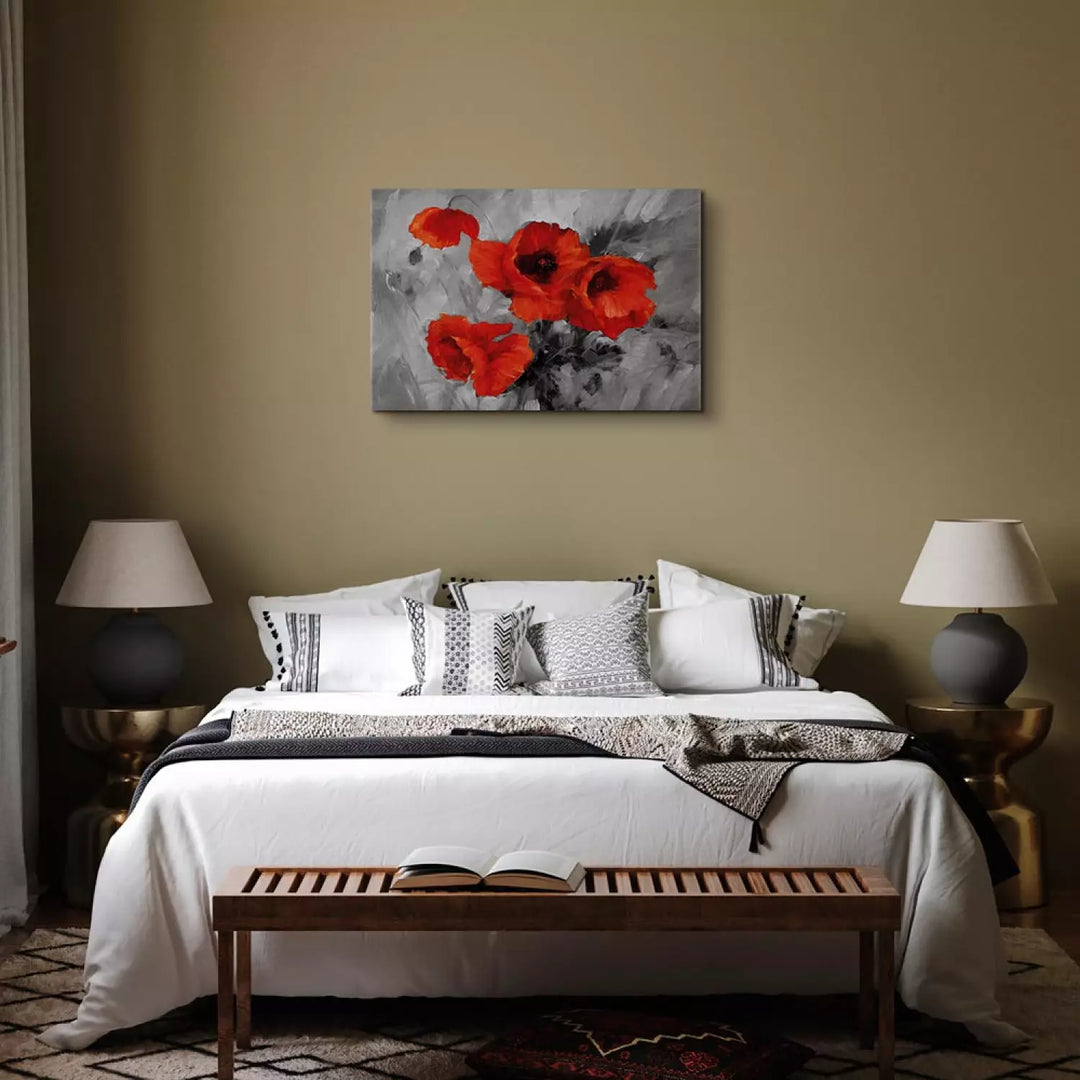 Kanva ar ziediem - Zīmētas sarkanas magones uz abstrakta pelēka fona ART XL