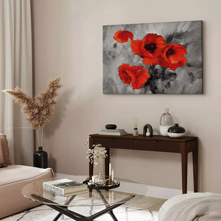 Kanva ar ziediem - Zīmētas sarkanas magones uz abstrakta pelēka fona ART XL