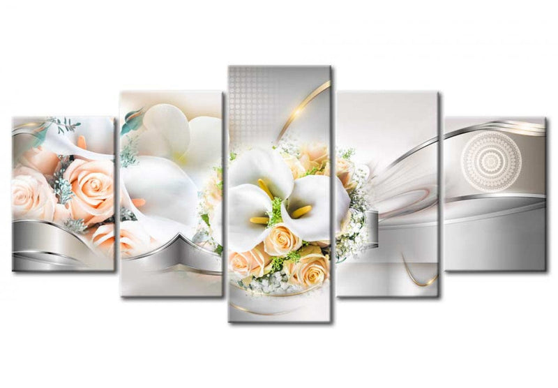 Paveikslai ant drobės su gėlių puokštėmis elegantiškame pilkame fone, (x5), 93820 G-ART.