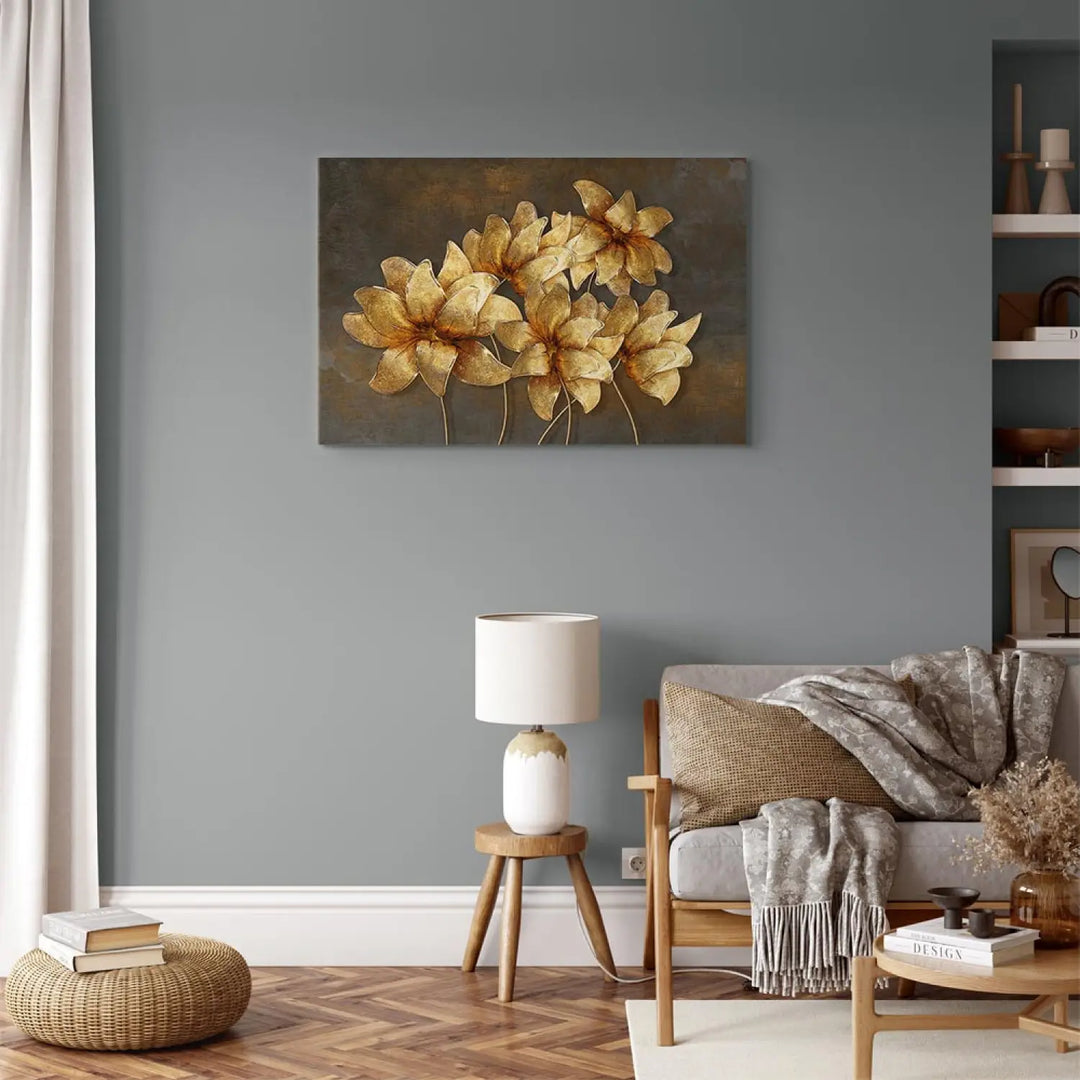 Glezna ar zīmētiem ziediem uz vintāžas fona, brūna, zelta ART XL