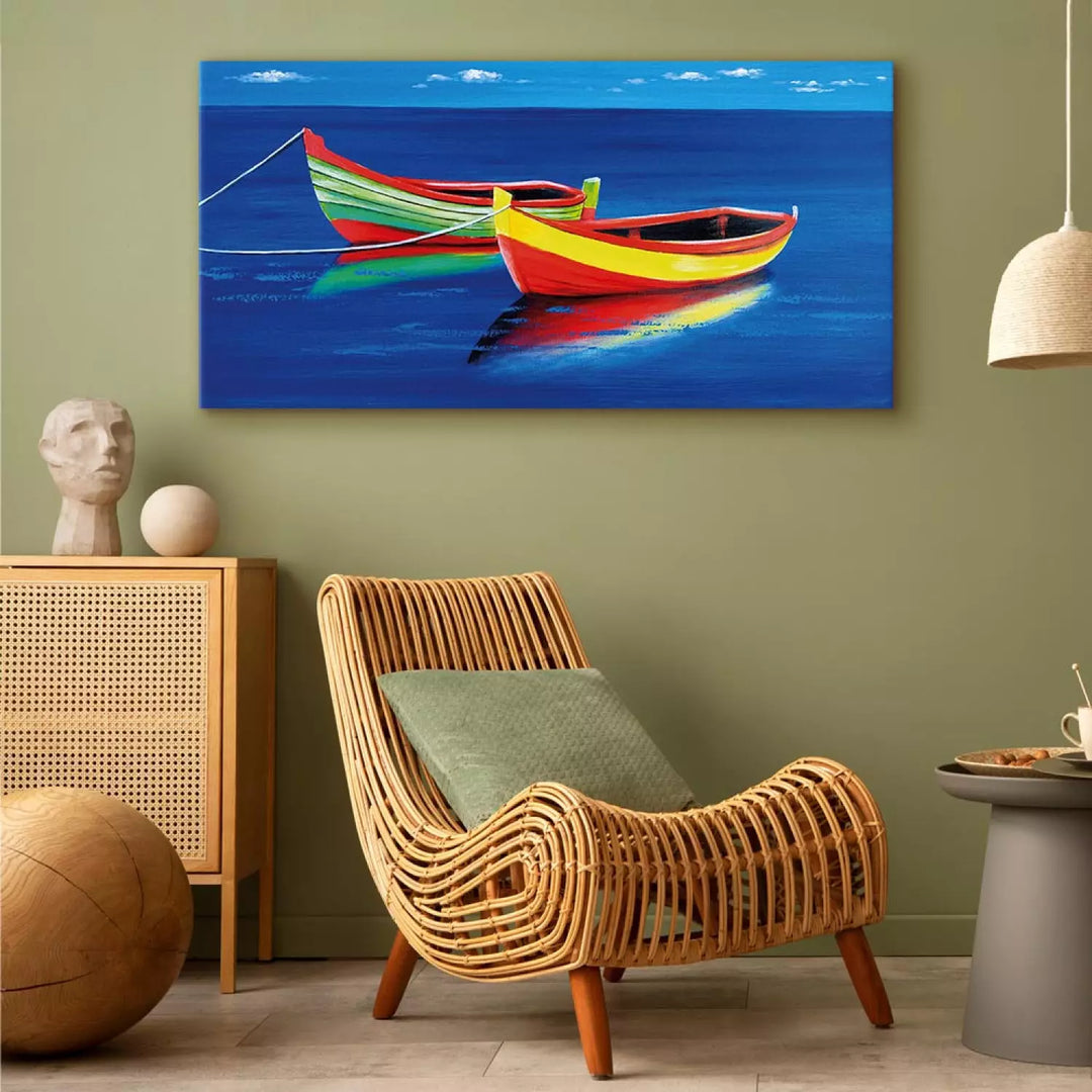 Glezna ar zīmētu laivu uz tumši zila fona - Dziļuma klusums ART XL