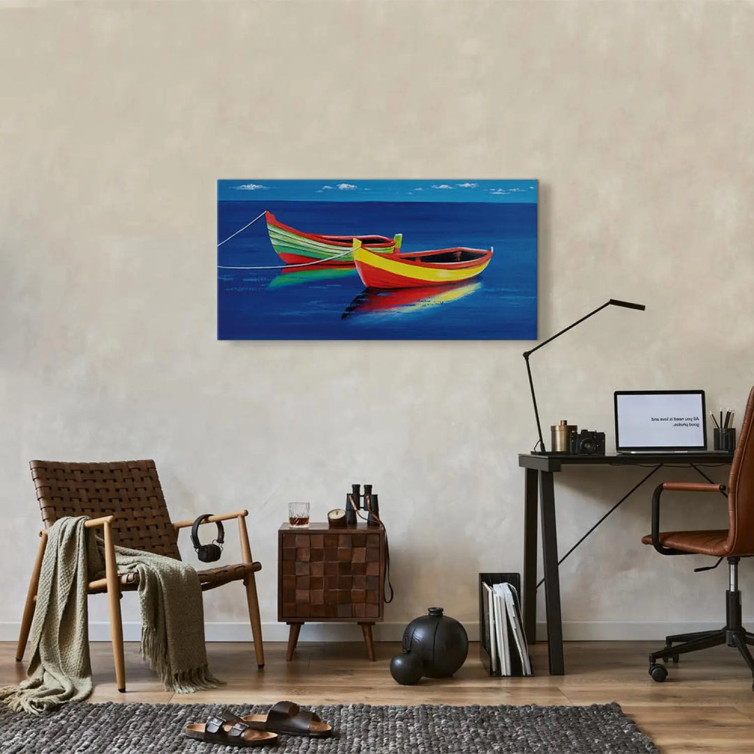 Glezna ar zīmētu laivu uz tumši zila fona - Dziļuma klusums ART XL