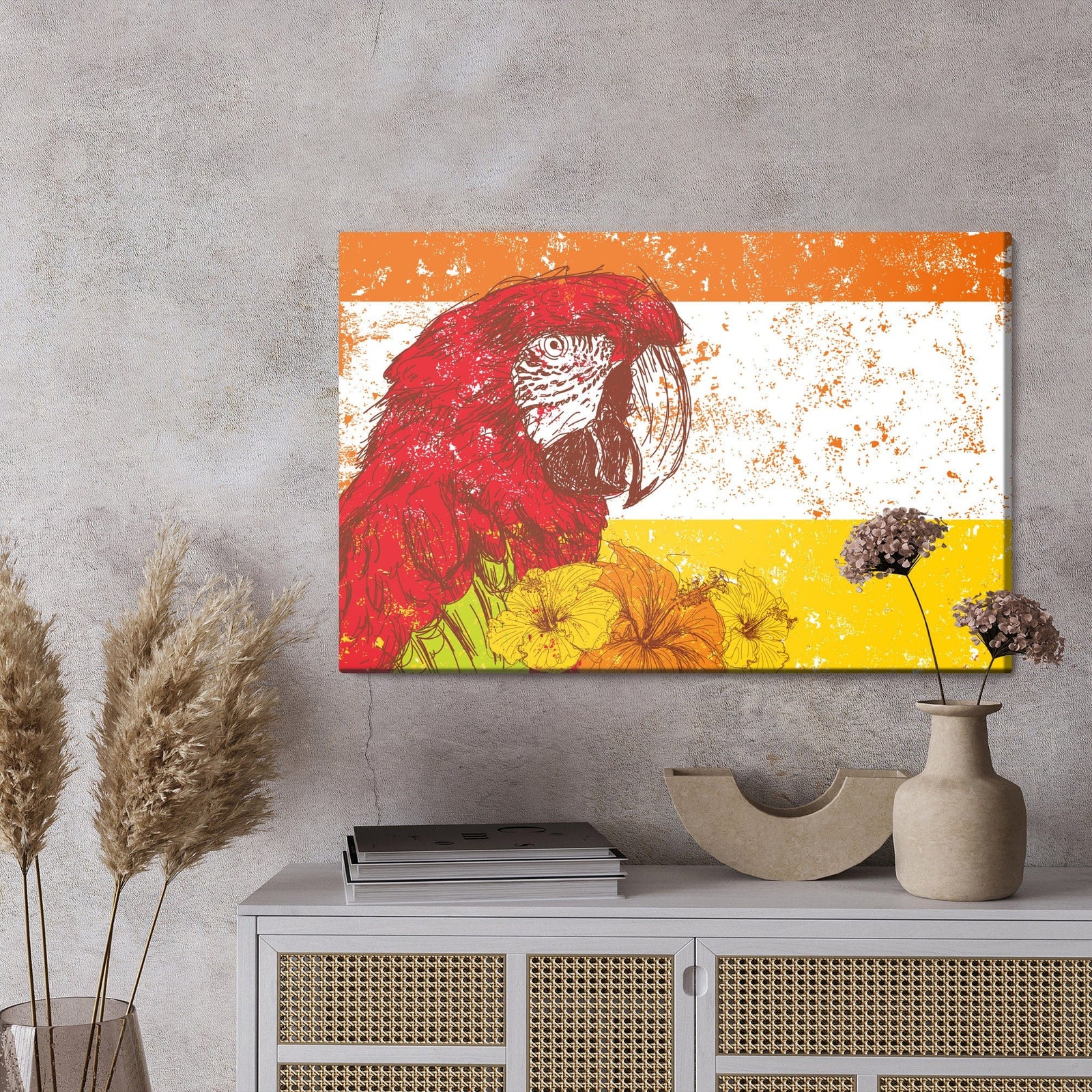 Kanva - Ara papagailis ar ziediem retro stilā, N-2787 X-ART