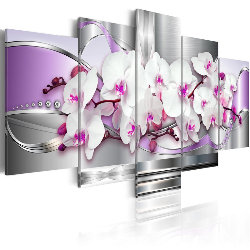 Canvas-taulut - Valkoisia orkideoita harmaalla ja violetilla pohjalla, (x5), 51243 G-ART.