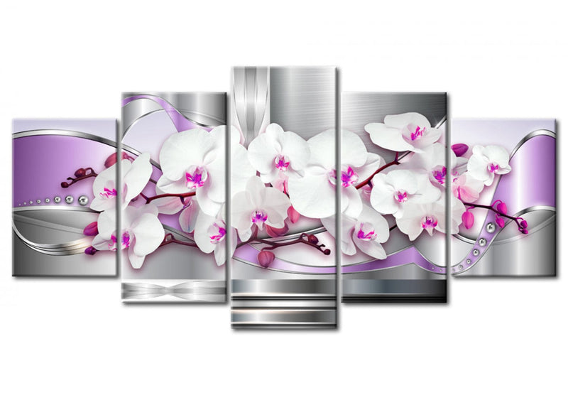 Canvas-taulut - Valkoisia orkideoita harmaalla ja violetilla pohjalla, (x5), 51243 G-ART.