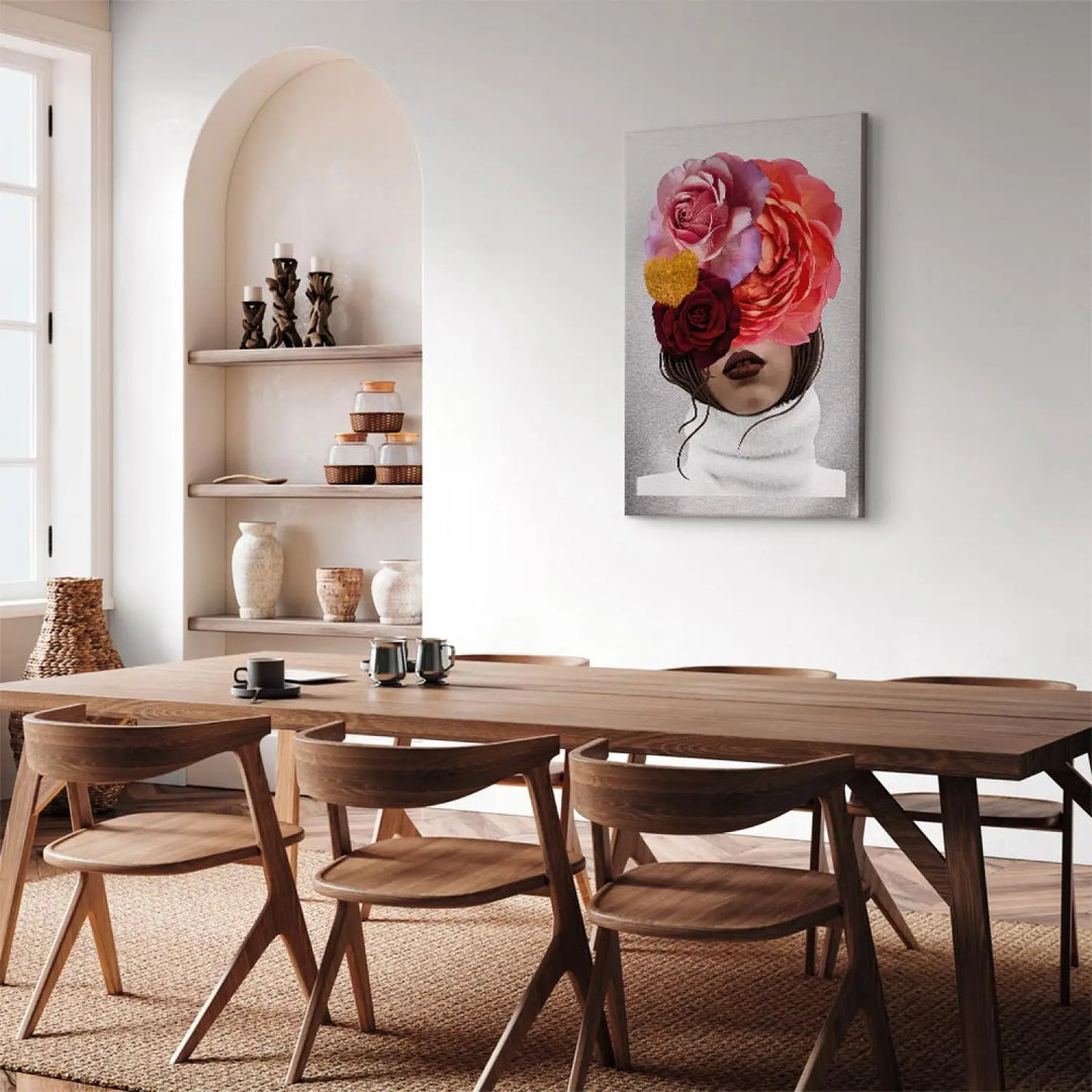 Glezna - Peonijas un rozes, sedz sievietes seju, abstrakts portrets ART XL