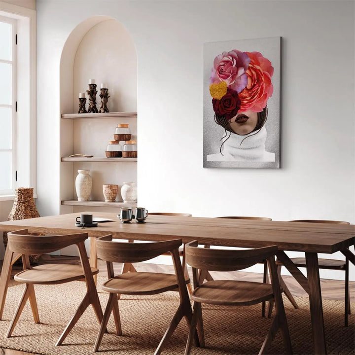 Glezna - Peonijas un rozes, sedz sievietes seju, abstrakts portrets ART XL