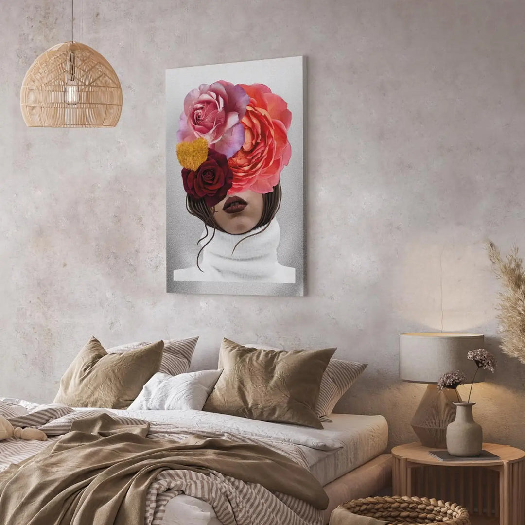 Glezna - Peonijas un rozes, sedz sievietes seju, abstrakts portrets ART XL