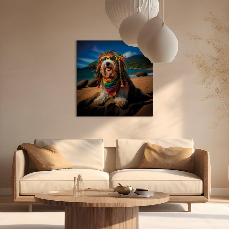 Glezna - Bārdainais kollijs - Rasta suns atpūšas Paradīzes pludmalē, 150252 Tapetenshop.lv