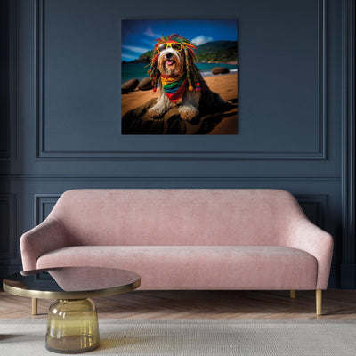 Glezna - Bārdainais kollijs - Rasta suns atpūšas Paradīzes pludmalē, 150252 Tapetenshop.lv