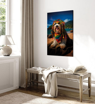 Glezna - Bārdainais kollijs - Rasta suns atpūšas Paradīzes pludmalē, 150255 Tapetenshop.lv