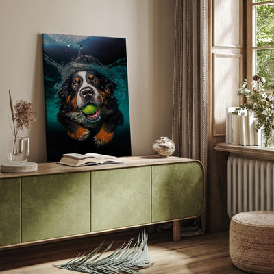 Glezna - Bernes ganu suns, peldošs suns ar bumbu mutē, 150167 Tapetenshop.lv
