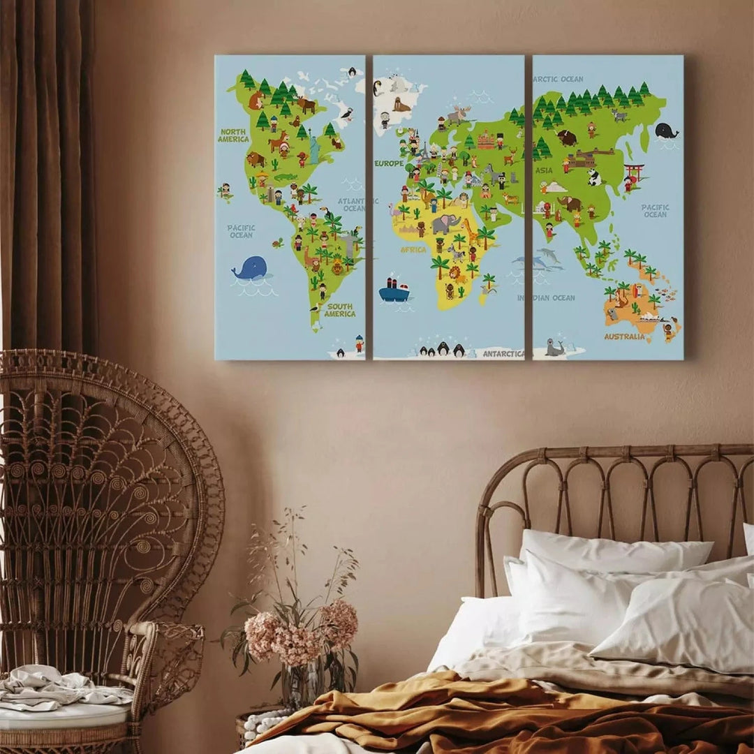Kanva - bērnu istabai - Bērnu pasaules karte, (x 3), zilā krāsā G-ART