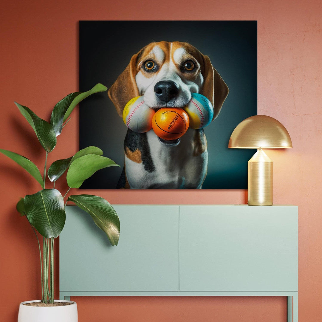 Glezna - Bīgls - suņa portrets ar trim bumbiņām mutē - 150174 G-ART
