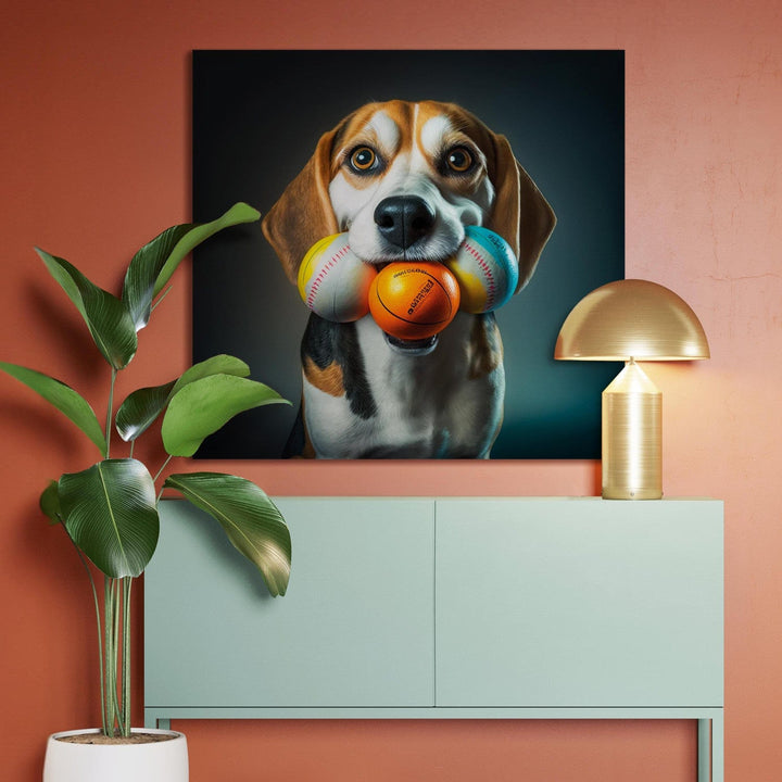 Glezna - Bīgls - suņa portrets ar trim bumbiņām mutē - 150174 G-ART
