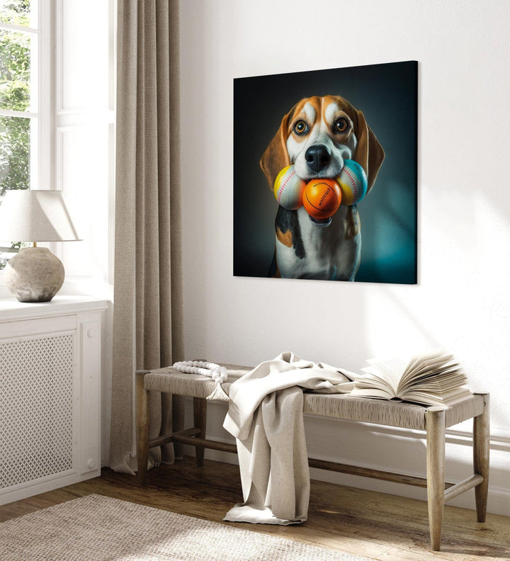 Glezna - Bīgls - suņa portrets ar trim bumbiņām mutē - 150174 G-ART
