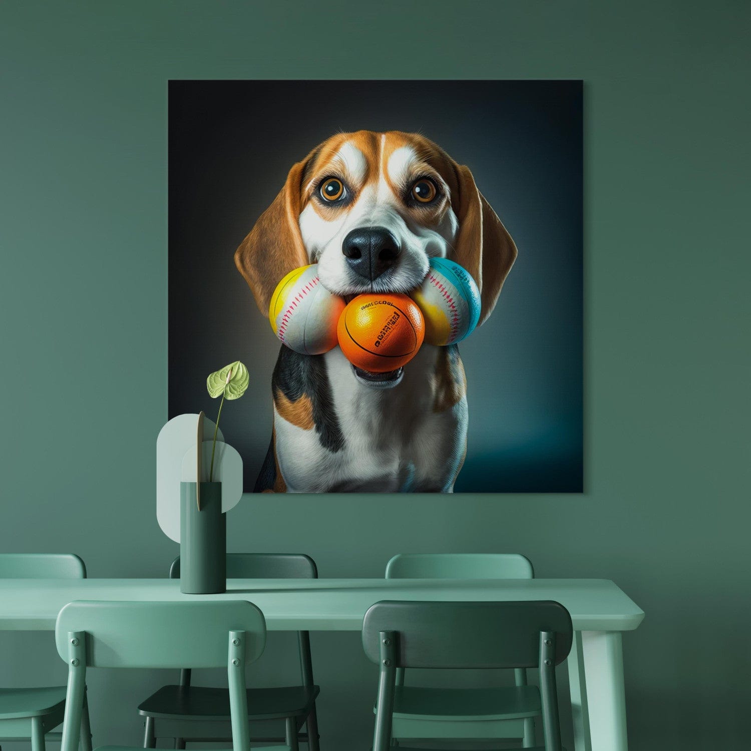 Glezna - Bīgls - suņa portrets ar trim bumbiņām mutē - 150174 G-ART