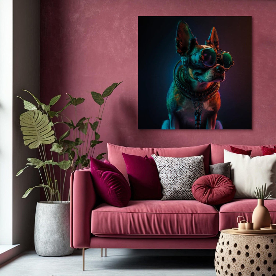Glezna - Bostonas terjers - zaļš kiberdzīvnieks ar kiberpanka brillēm G-ART