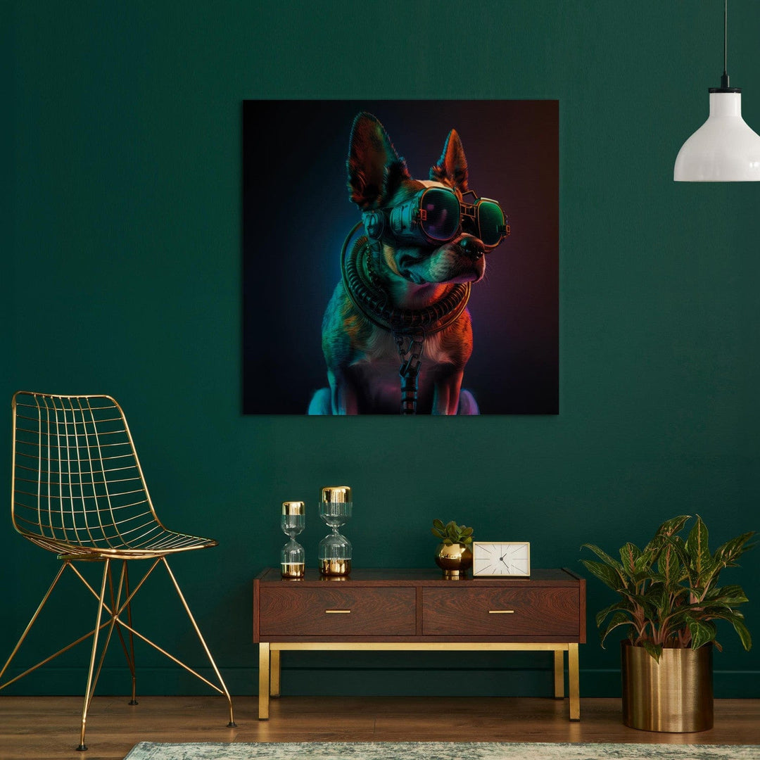 Glezna - Bostonas terjers - zaļš kiberdzīvnieks ar kiberpanka brillēm G-ART