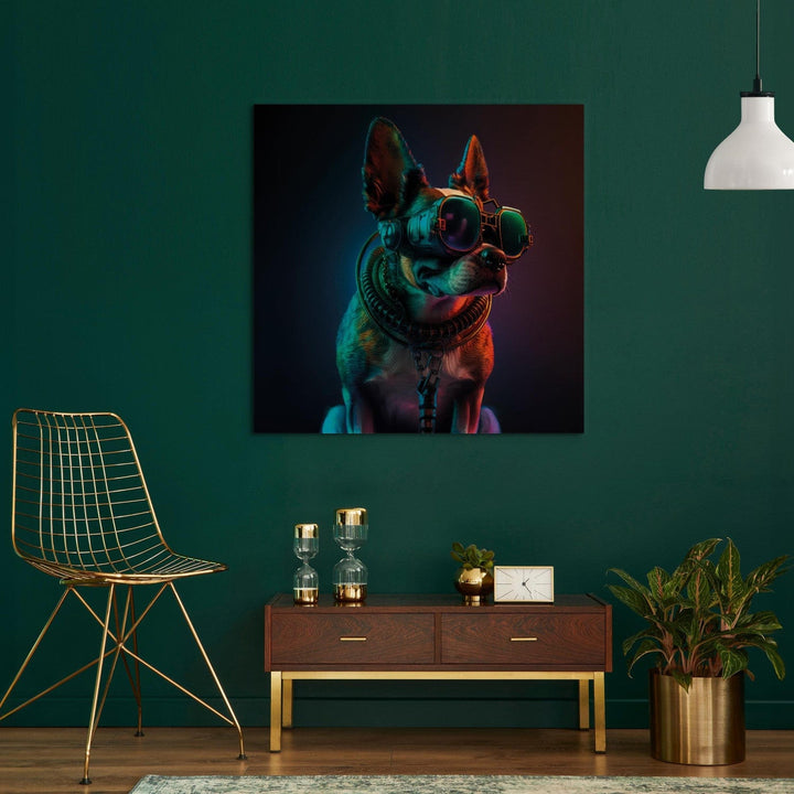 Glezna - Bostonas terjers - zaļš kiberdzīvnieks ar kiberpanka brillēm G-ART