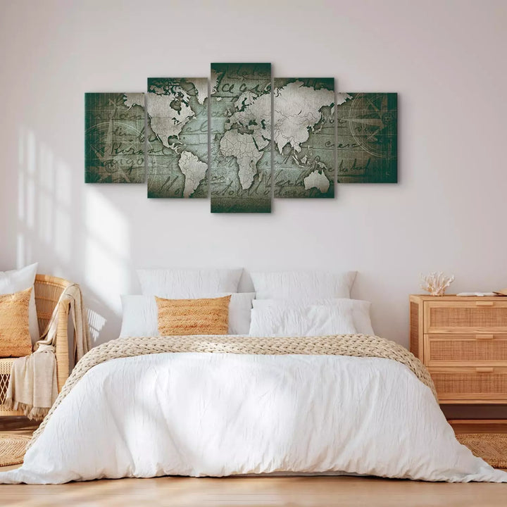 Glezna ar vintāžas pasaules karti - Ceļojumu gars, zaļgani pelēkā ART XL