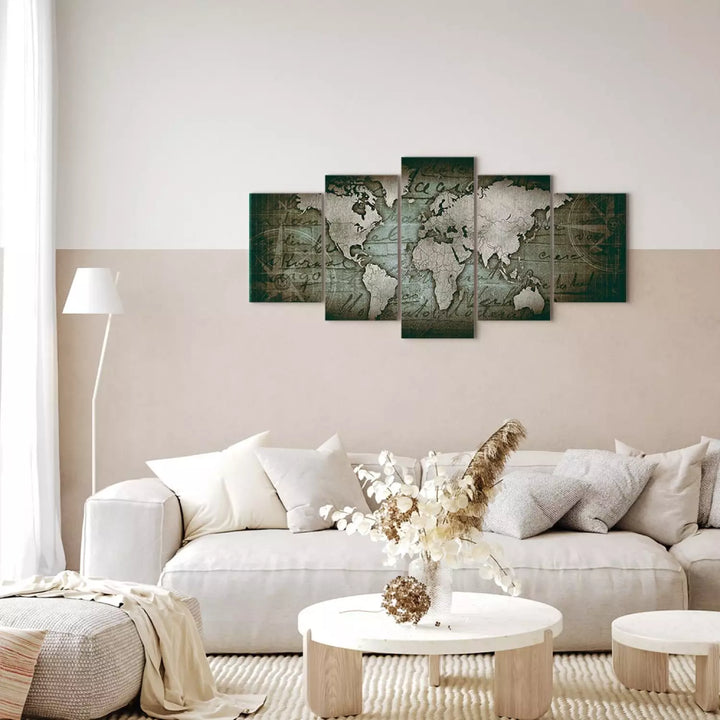 Glezna ar vintāžas pasaules karti - Ceļojumu gars, zaļgani pelēkā ART XL