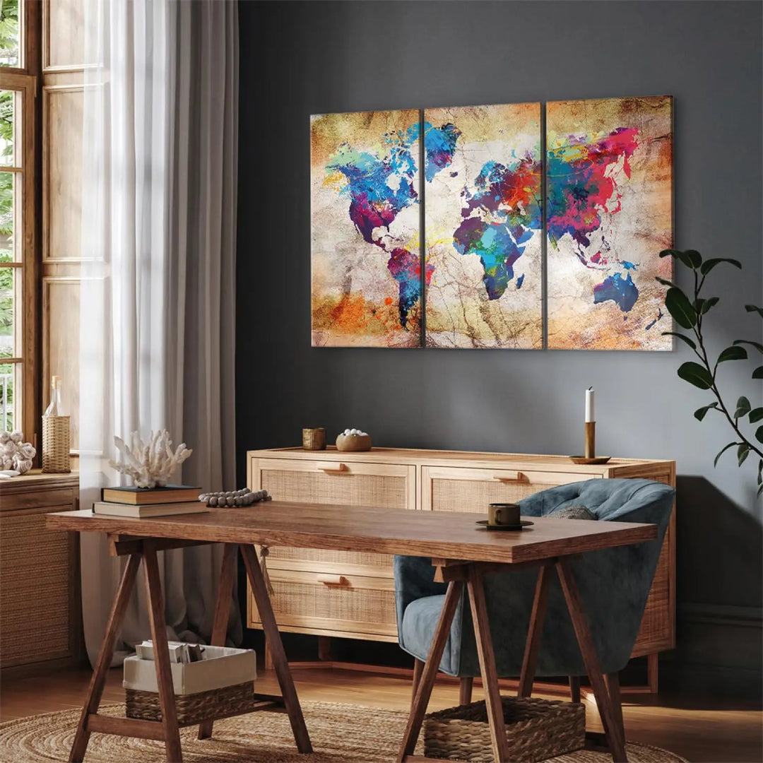 Glezna – Daudzkrāsaina pasaules karte uz bēša, zila fona, 97482, (x3) ART XL
