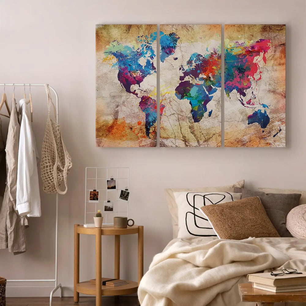 Glezna – Daudzkrāsaina pasaules karte uz bēša, zila fona, 97482, (x3) ART XL