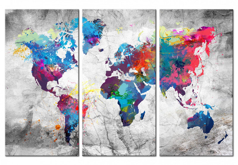 Glezna – Daudzkrāsaina pasaules karte uz pelēka fona, (x3), 97483 Tapetenshop.lv.
