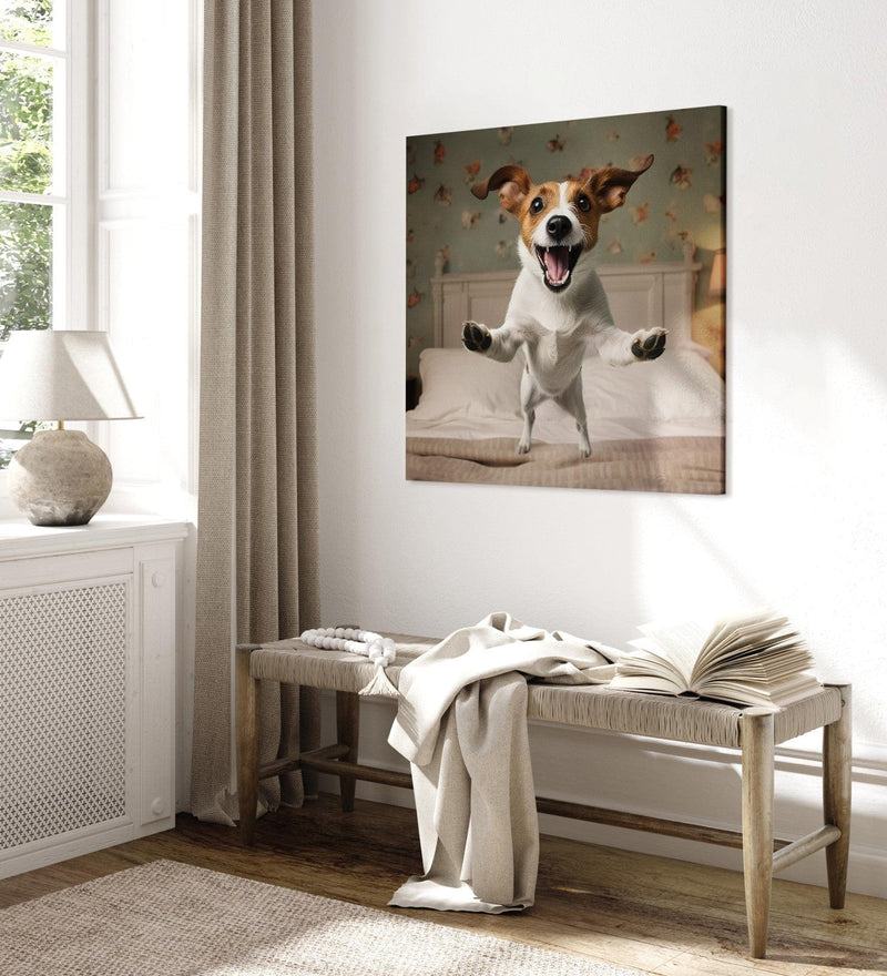 Glezna - Džeka Rasela terjers lec no gultas uz saimnieka rokām, 150203 Tapetenshop.lv