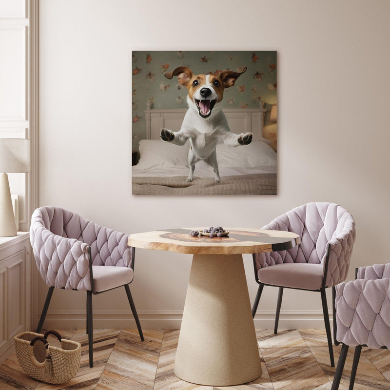 Canva - Jack Russell Terrier jumps from bed into owner&