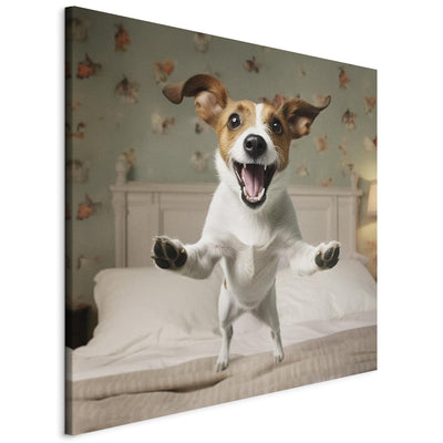 Canvas-taulut - Jack Russell Terrier hyppää sängystä omistajan syliin, 150203 G-ART