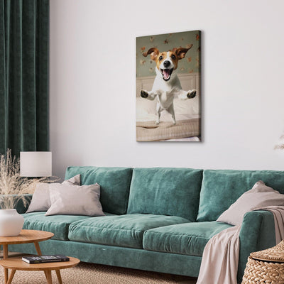 Canvas-taulut - Jack Russell Terrier hyppää sängystä omistajan syliin, 150235 G-ART
