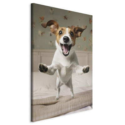 Canvas-taulut - Jack Russell Terrier hyppää sängystä omistajan syliin, 150235 G-ART