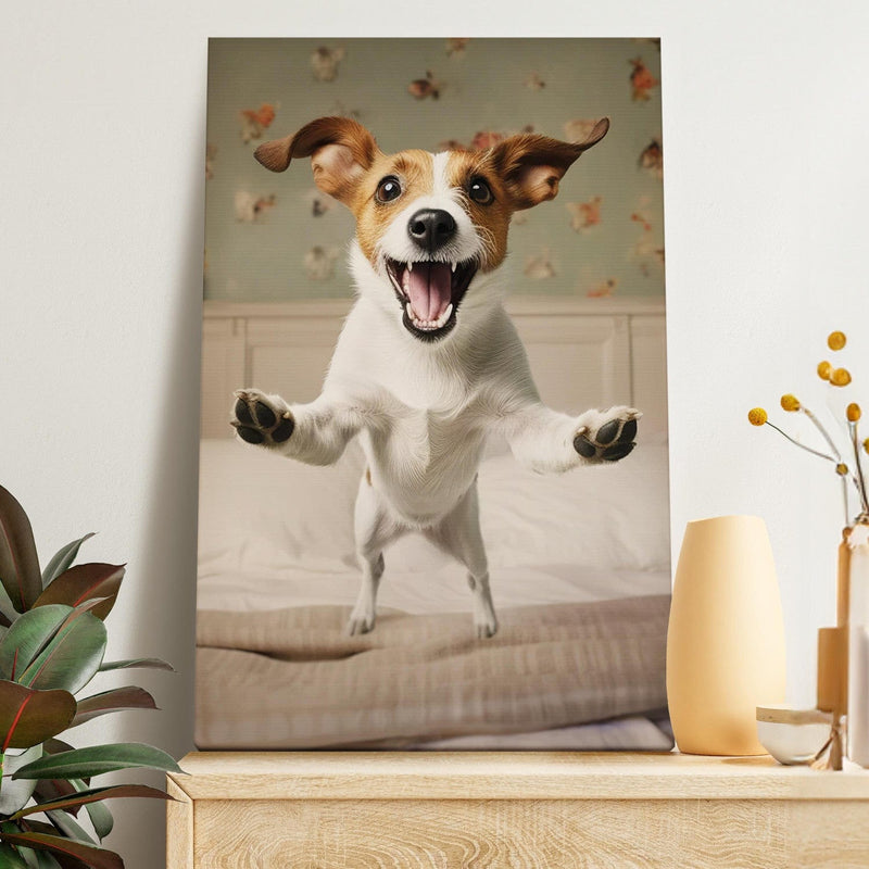 Canva - Jack Russell Terrier jumps from bed into owner&