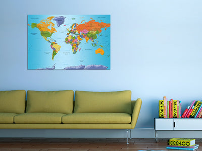 Glezna – ģeopolitiska pasaules karte uz zila fona, (x1), 94575 Tapetenshop.lv.